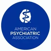 The logo for the american psychiatric association is a blue circle with a caduceus on it.