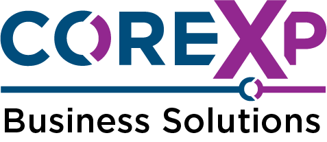 Logo for CoreXP Business Solutions. Blue and purple text, a horizontal line, and tagline.
