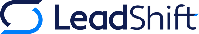 Logo for LeadShift, featuring a stylized blue and dark blue shape next to the word 