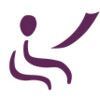 Purple stylized figure in a wheelchair with an arm raised.