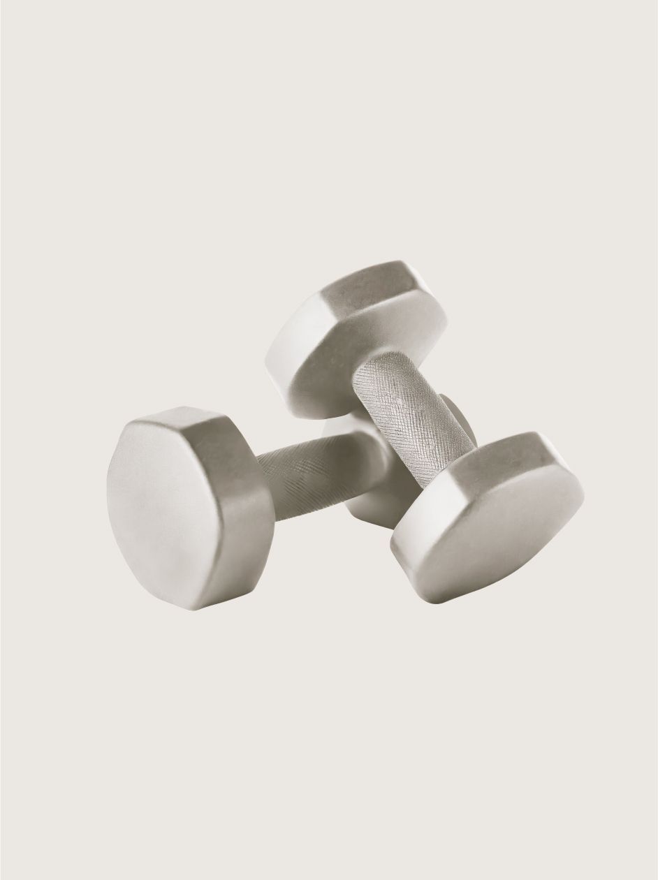 Two gray hexagonal dumbbells resting on a plain, light-colored background.