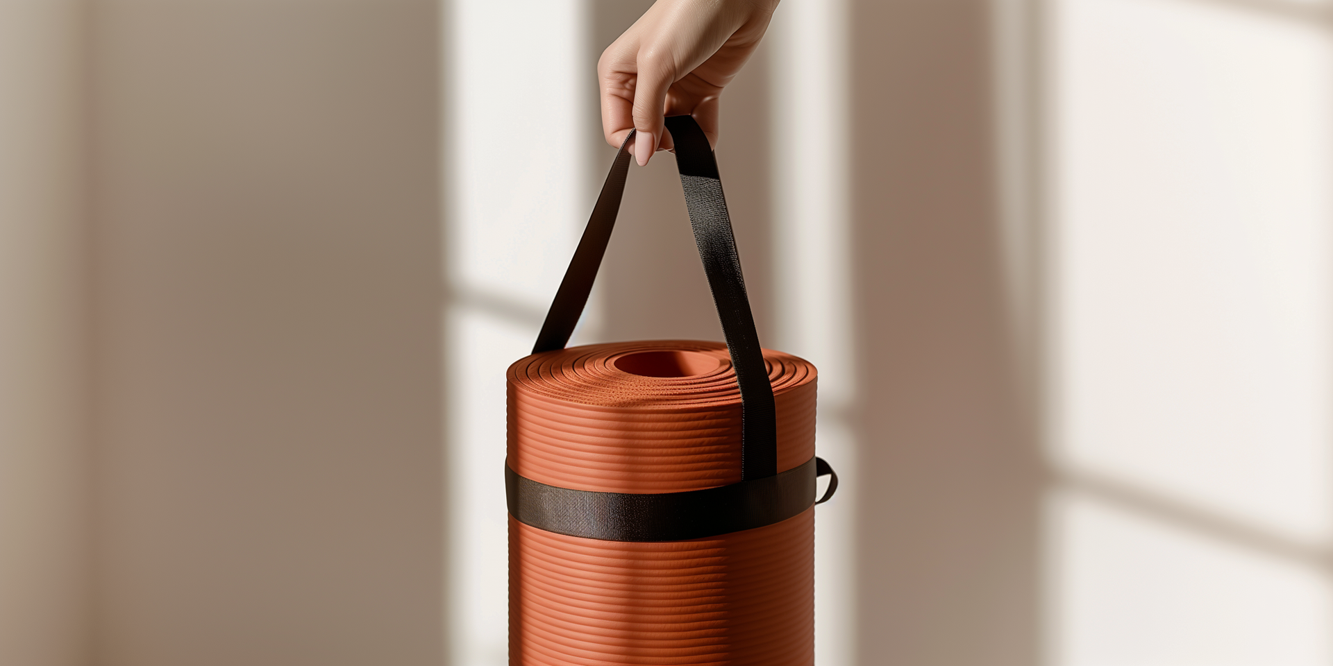 A hand holds a rolled-up terracotta-colored yoga mat with a black carrying strap against a light, neutral background.
