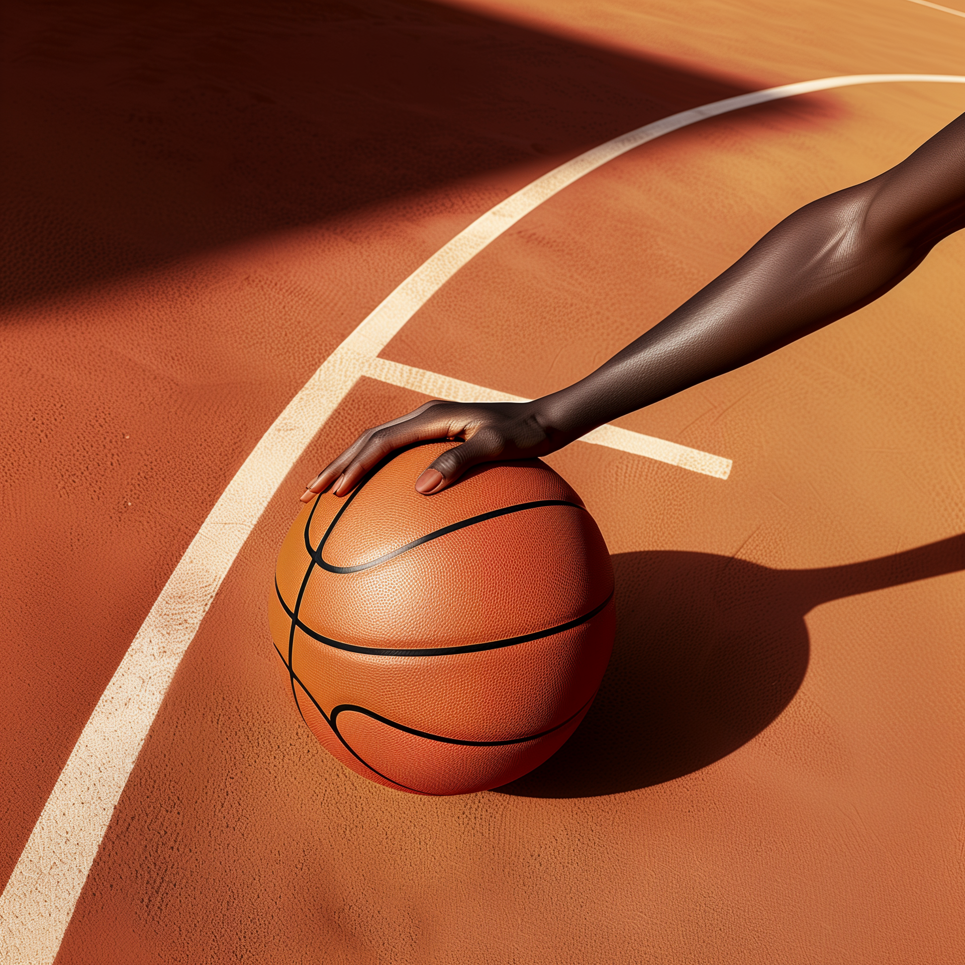 A hand rests on a basketball on a paved outdoor court with painted white lines and long shadows.