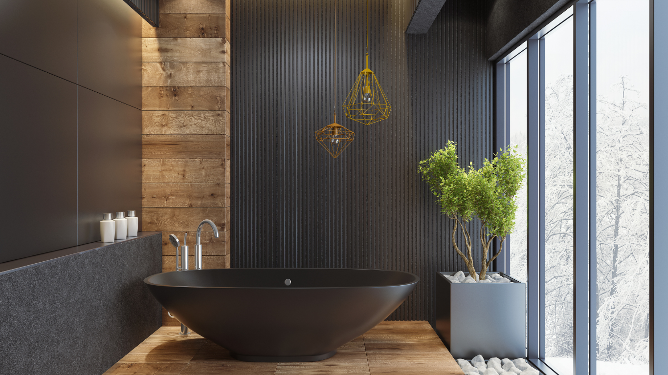 A bathroom with a black bathtub and a large window.