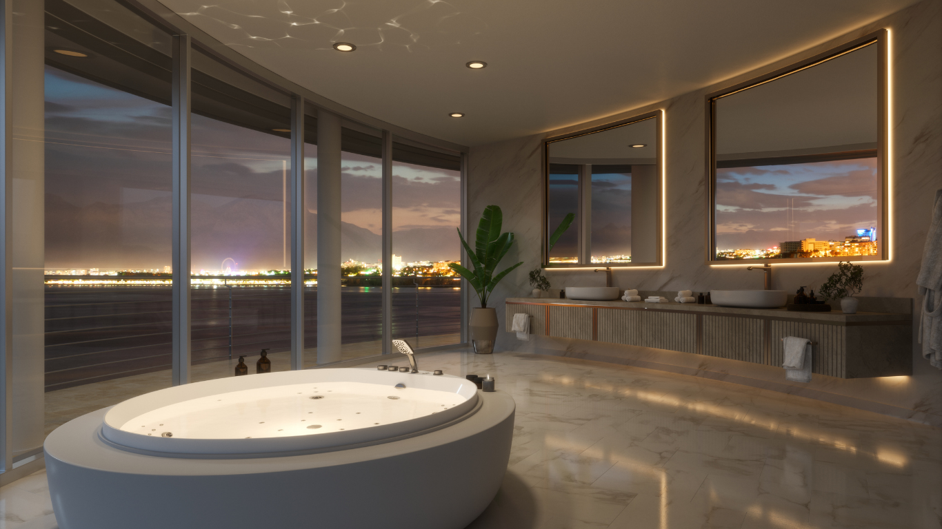 A bathroom with a jacuzzi tub and a view of the ocean.