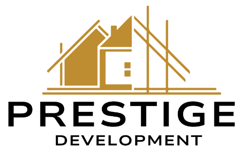 The logo for prestige development is a house with a roof.