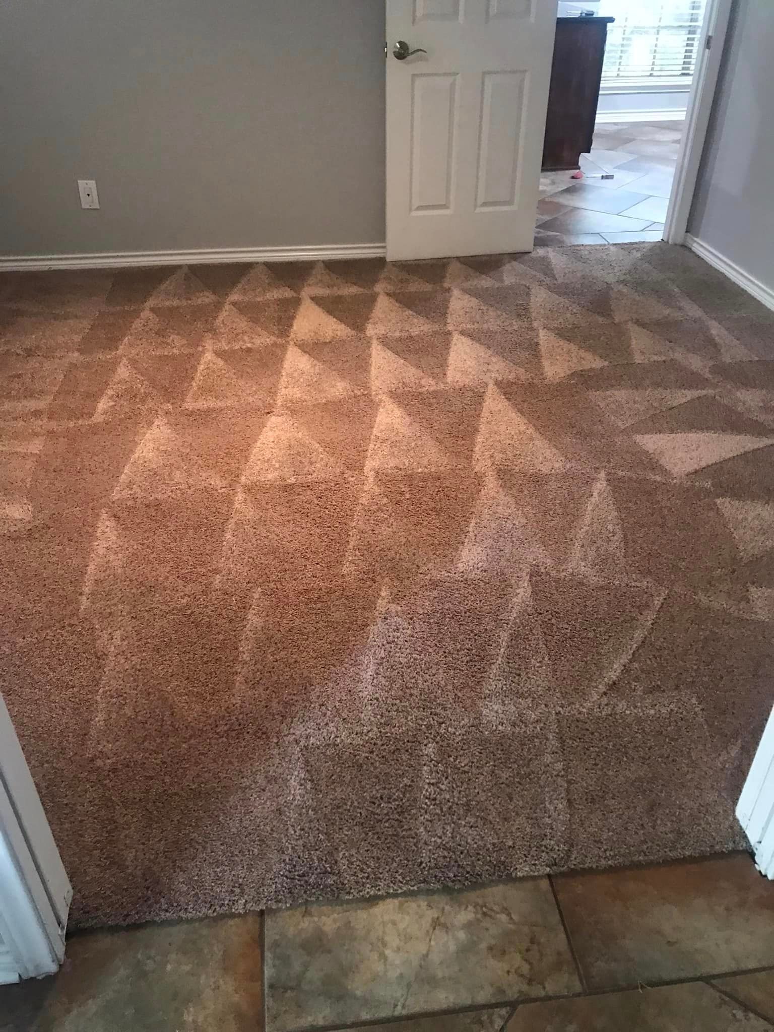 A room with a carpeted floor and a door.