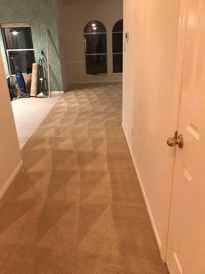 A hallway with a carpeted floor and a door in a house.