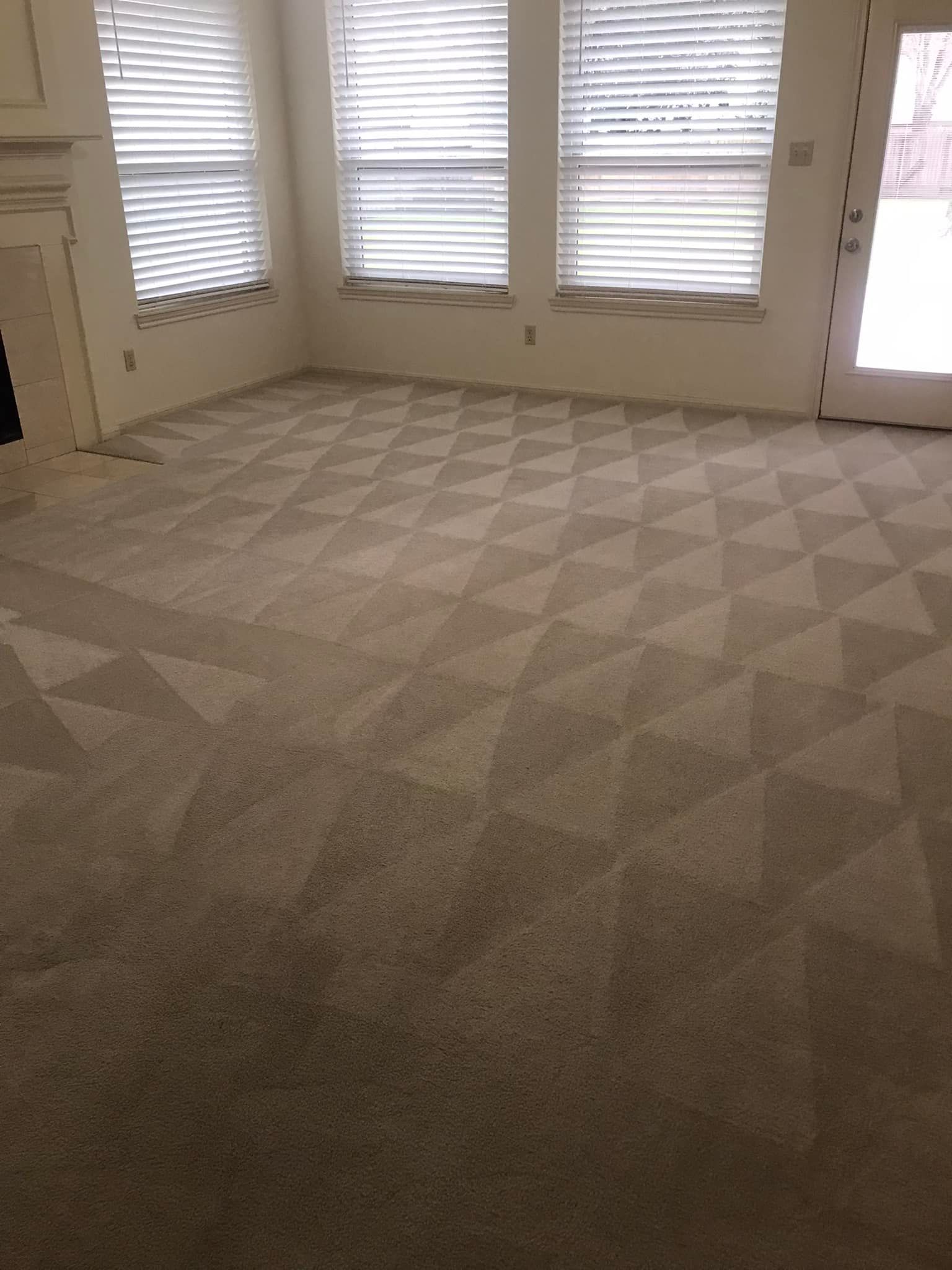 A living room with a fireplace and a carpeted floor.