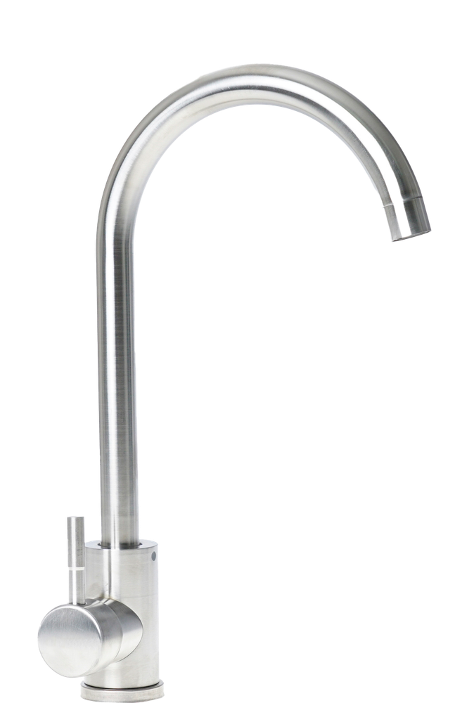 Brushed metal kitchen faucet with a curved spout and single lever handle. Brushed metal kitchen faucet with a curved spout and single lever handle.