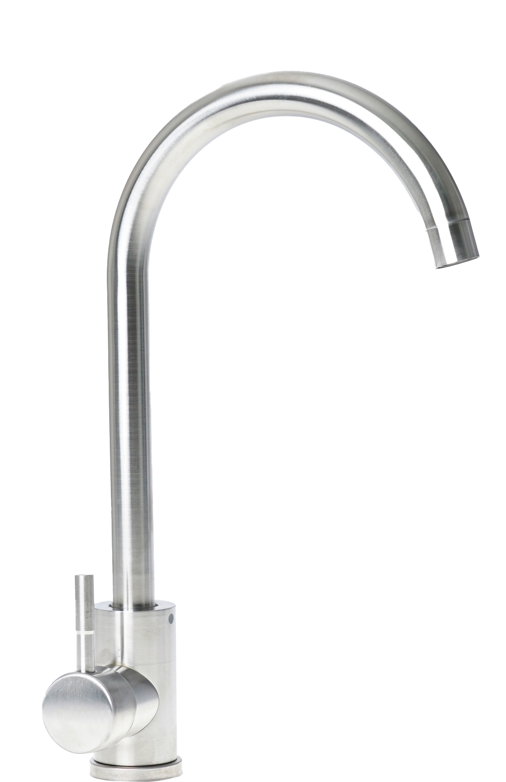 Brushed metal kitchen faucet with a curved spout and single lever handle. Brushed metal kitchen faucet with a curved spout and single lever handle.