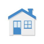 Blue and white house with chimney, door, and window.