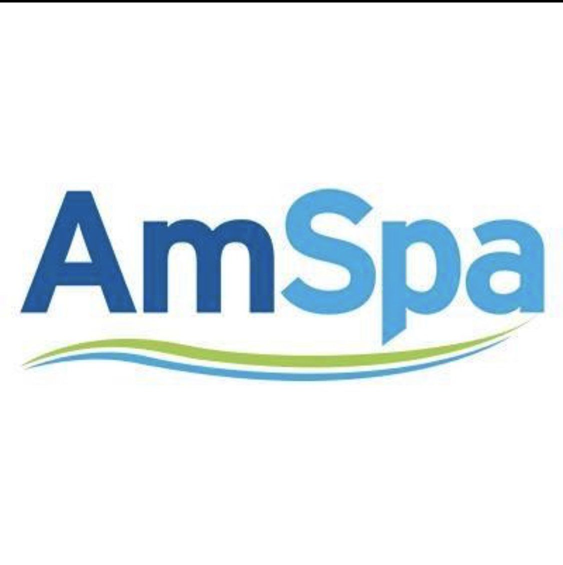 A blue and green amspa logo on a white background