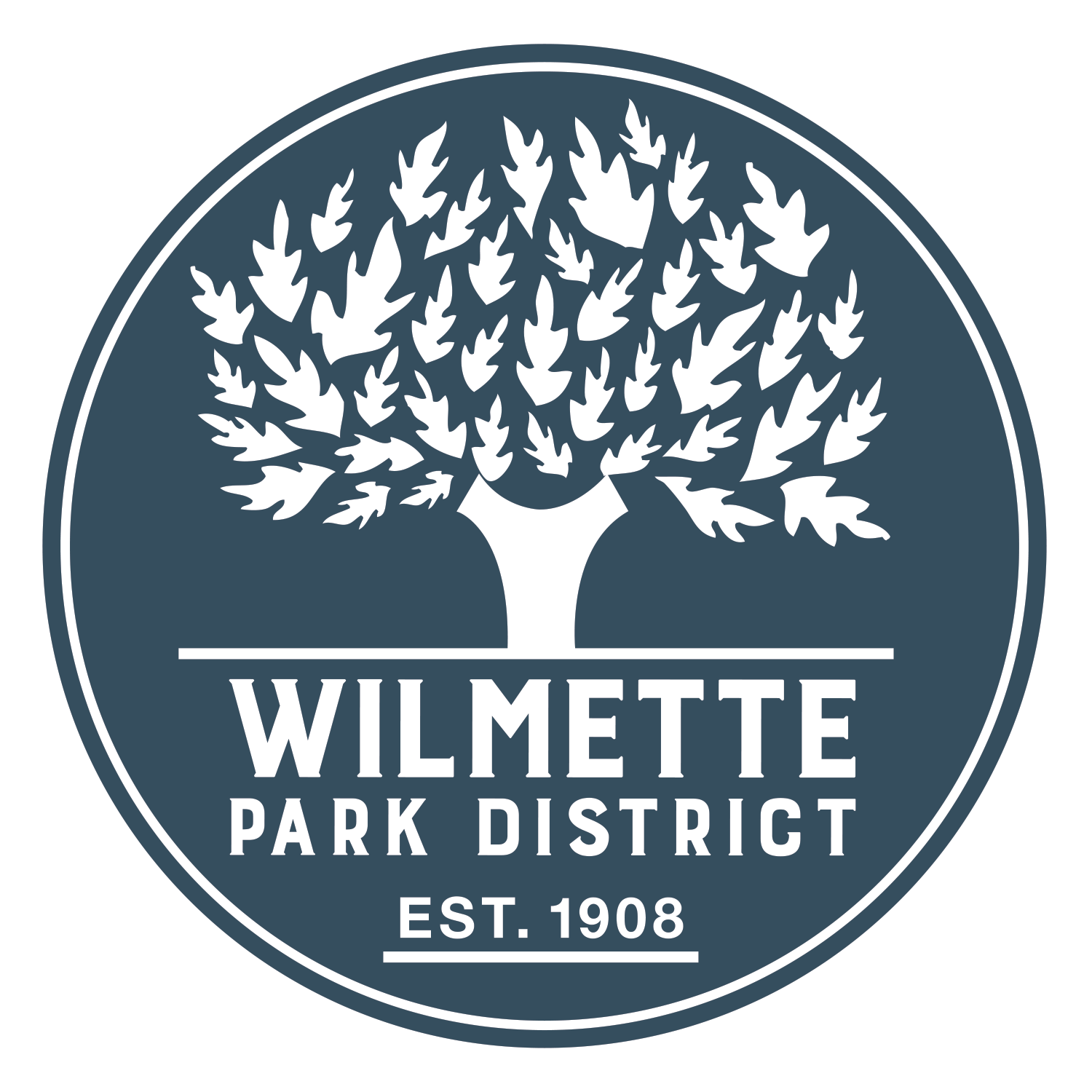 The logo for wilmette park district is a tree with leaves in a circle.