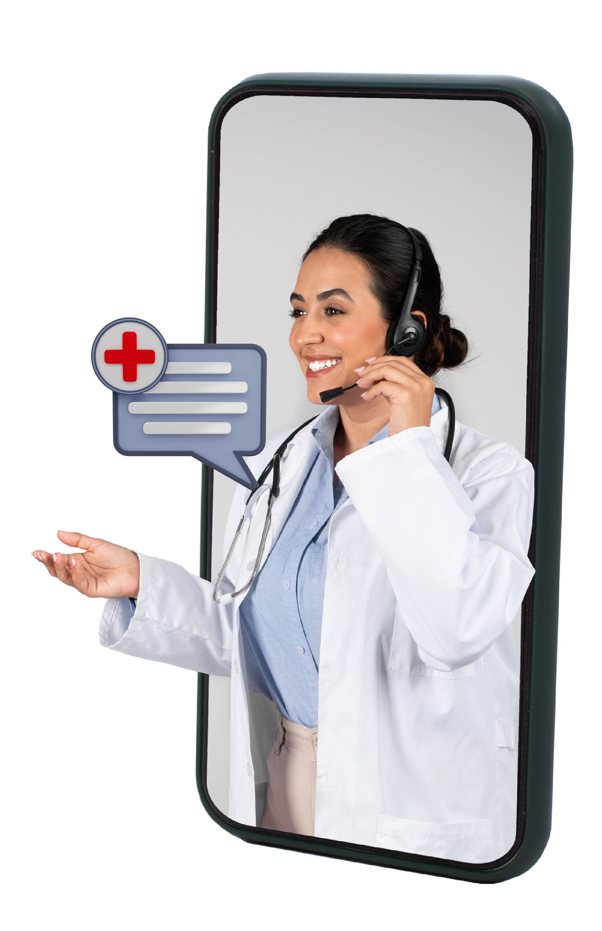 Médico en la pantalla de un teléfono, con auriculares, sonriendo.
