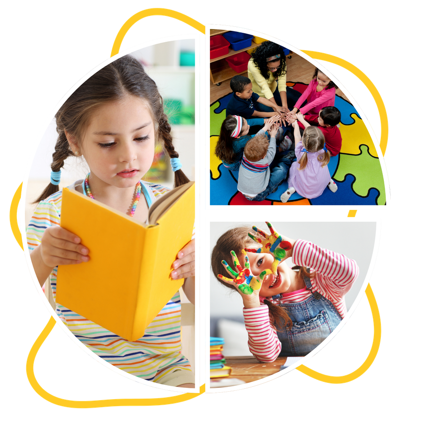 A little girl is reading a book and painting her hands.