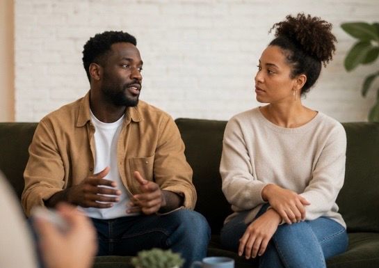 Black couple in counseling session on dark olive sofa