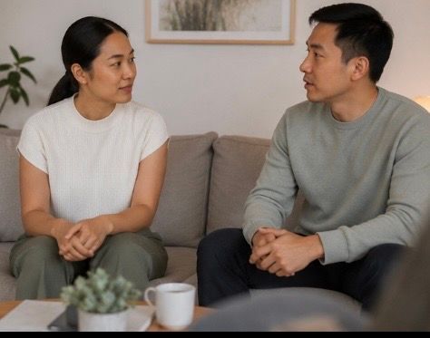 Asian couple on light gray sofa facing each other in quiet reconnection
