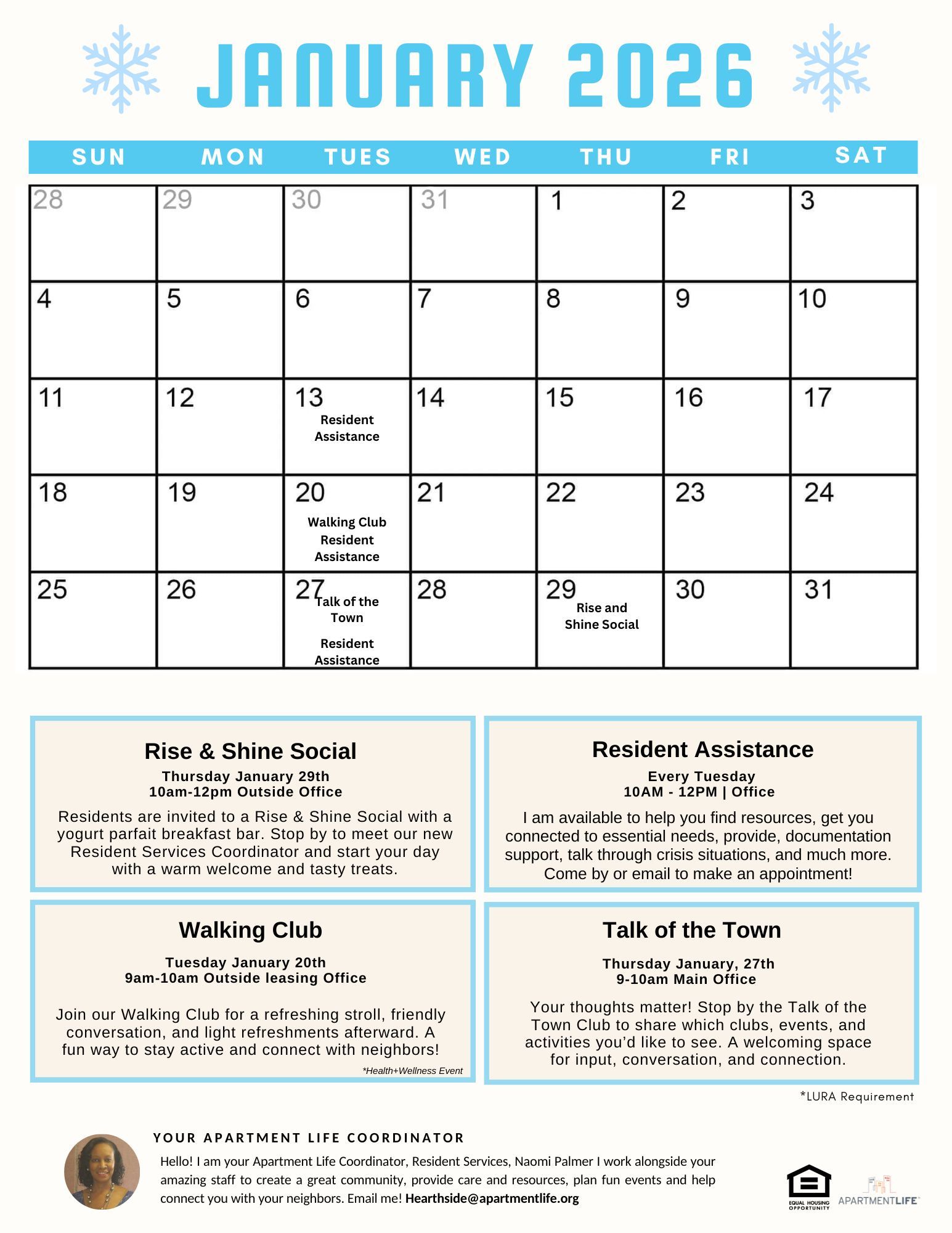 January 2026 calendar with event details, including social events, walking club, and town talks.
