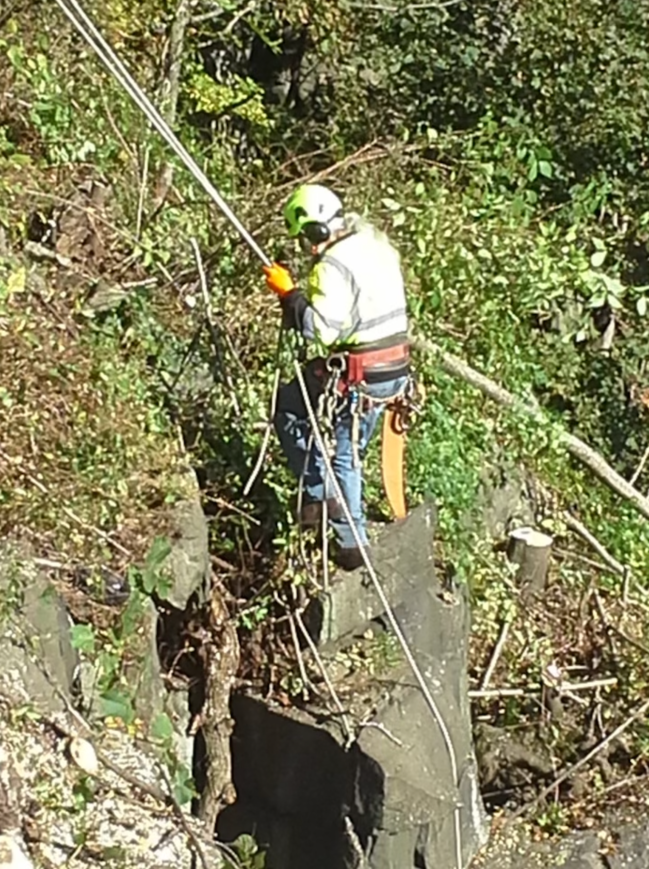 A man is standing on top of a rock holding a rope.
