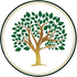 Green-leafed tree in a gold and brown color scheme, enclosed in a white, gold, and dark green circle.
