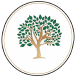 Tan tree with green leaves inside a white circle with a gold border.