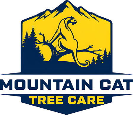 Mountain Cat Tree Care logo: cougar on a tree branch against yellow mountain/sky, dark blue trees and text.