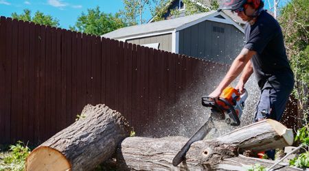 Man wearing safety gear using a chainsaw to cut a log in a backyard.