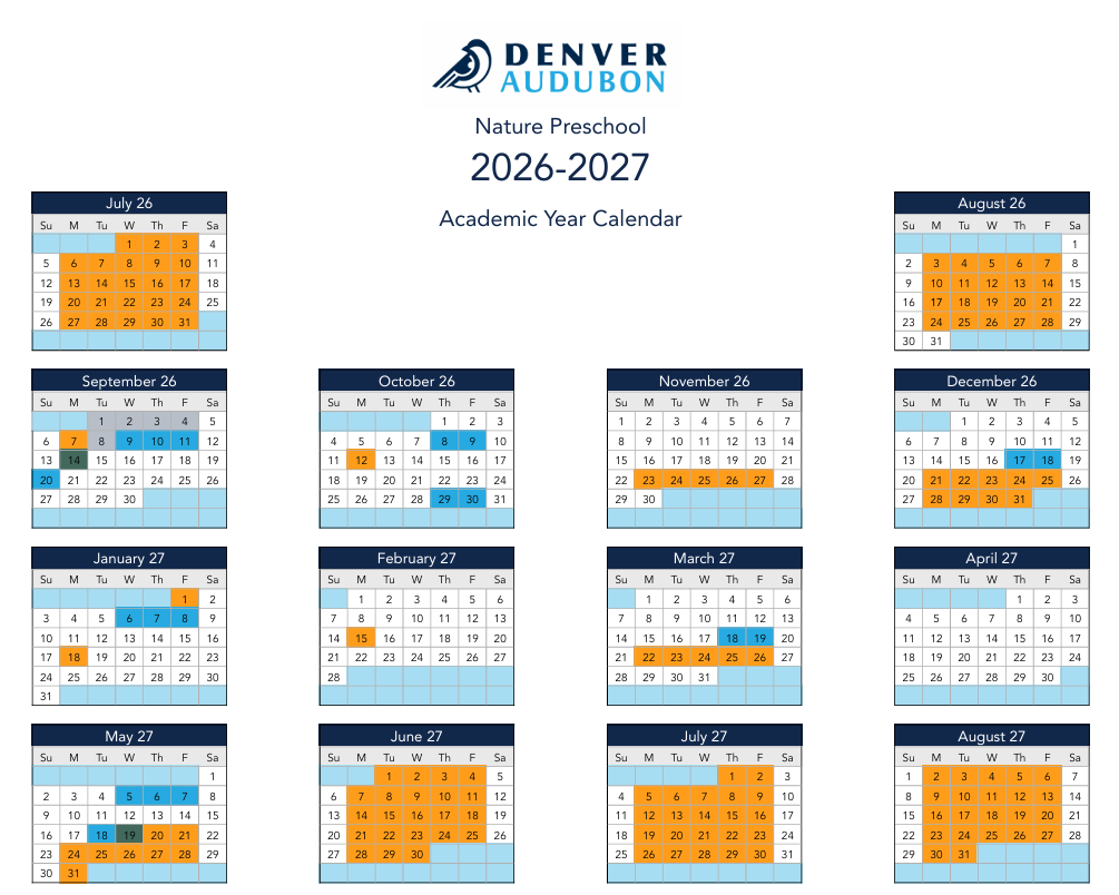 Denver Audubon Nature Preschool 2026–2027 Academic Year Calendar. Includes monthly calendar grids from July 2026 through August 2027 with color-coded no-school days, teacher work days, and special events, plus an events list.