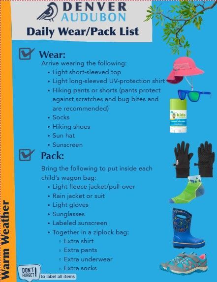 A flyer titled “Denver Audubon Daily Wear/Pack List” with the Denver Audubon logo at the top. The guide is divided into two sections: Wear and Pack.