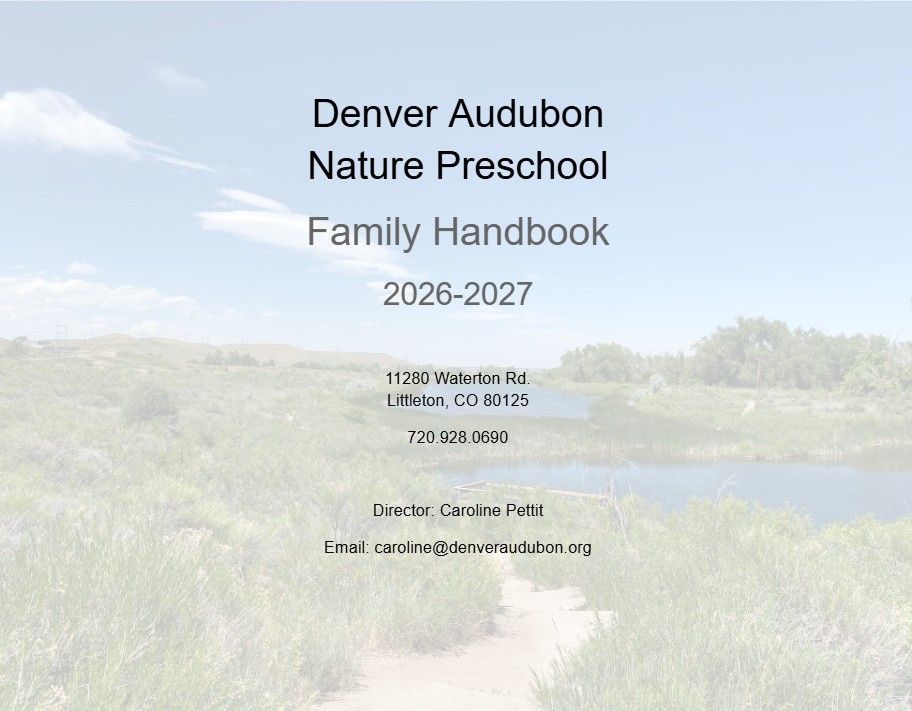 Cover page for the Denver Audubon Nature Preschool Family Handbook 2026–2027. The background shows a scenic view of a nature trail leading to a pond surrounded by green shrubs under a blue sky with light clouds.