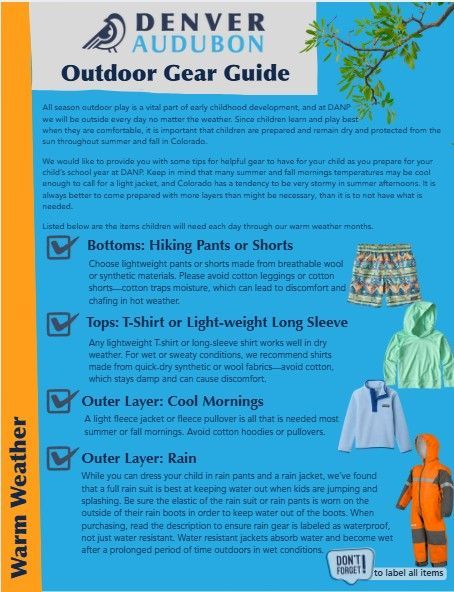 A flyer titled “Denver Audubon Outdoor Gear Guide” with the logo of a bird and leaf at the top. The guide explains the importance of appropriate clothing for all-season outdoor play at the Denver Audubon Nature Preschool and offers a list of suggested warm-weather items.