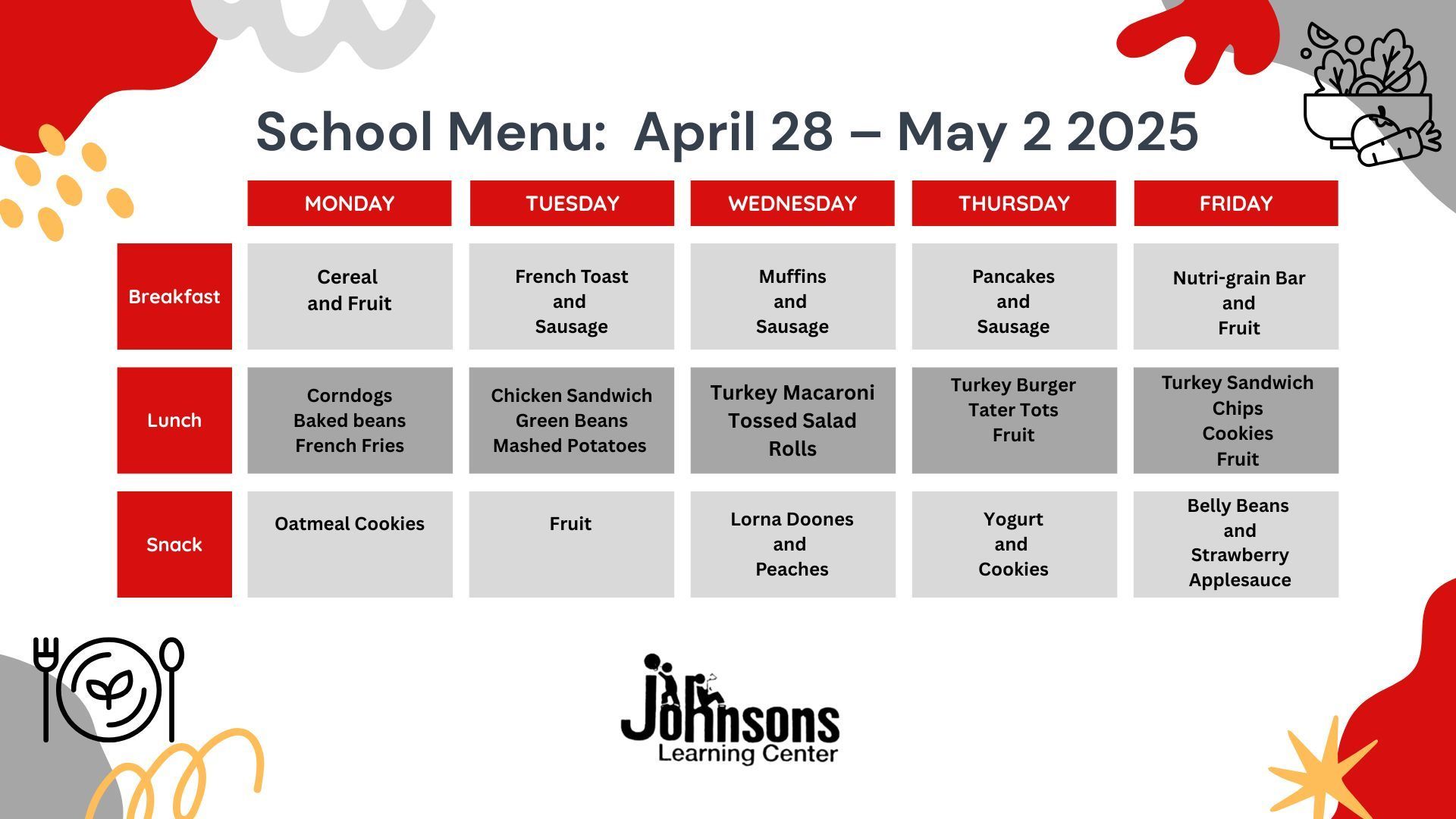 Weekly school lunch menu