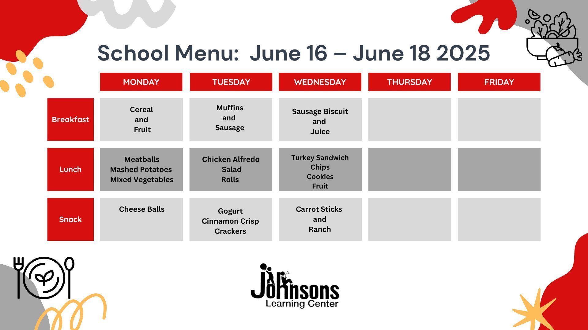 Weekly school lunch menu