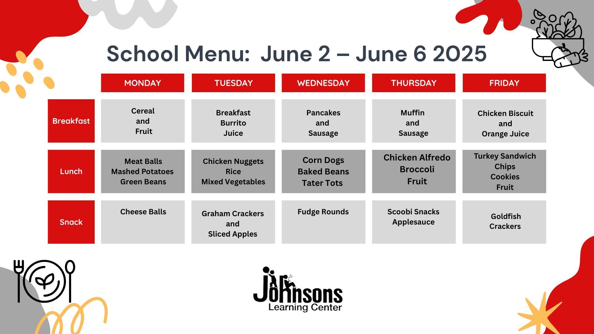 Weekly school lunch menu