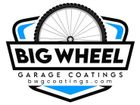 Logo: Black and blue shield with bicycle wheel, "BIG WHEEL GARAGE COATINGS" text, and website address.