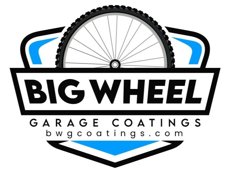 Logo: Black and blue shield with bicycle wheel, "BIG WHEEL GARAGE COATINGS" text, and website address.
