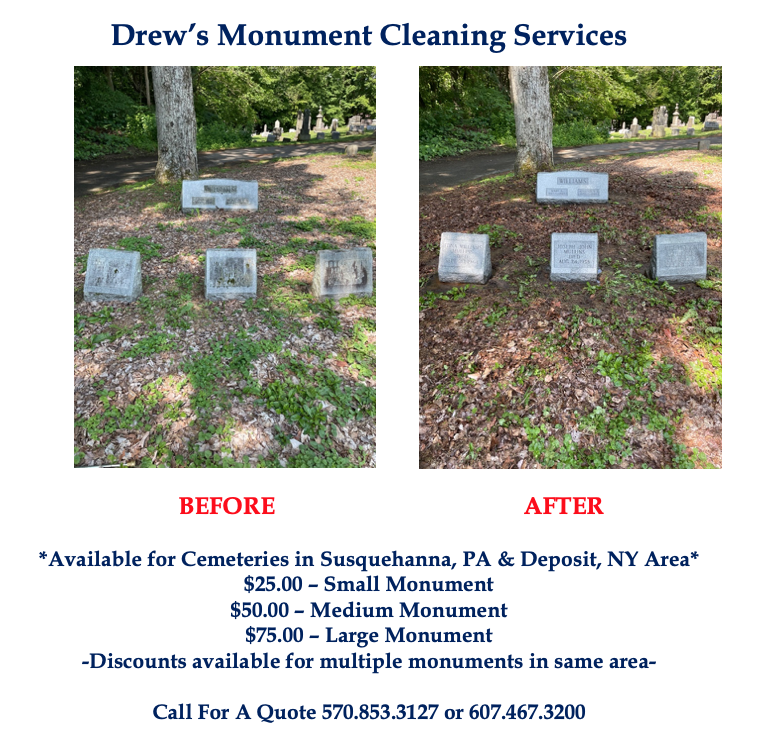 Before and after photos of headstones cleaned by Drew's Monument Services.  Pricing and contact information included.
