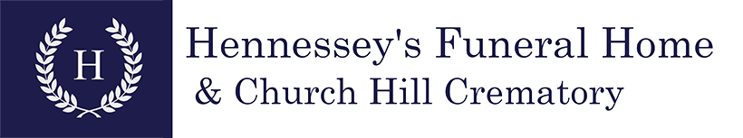 Logo for Hennessy's Funeral Home & Church Hill Crematory: dark blue square with wreath and letter 