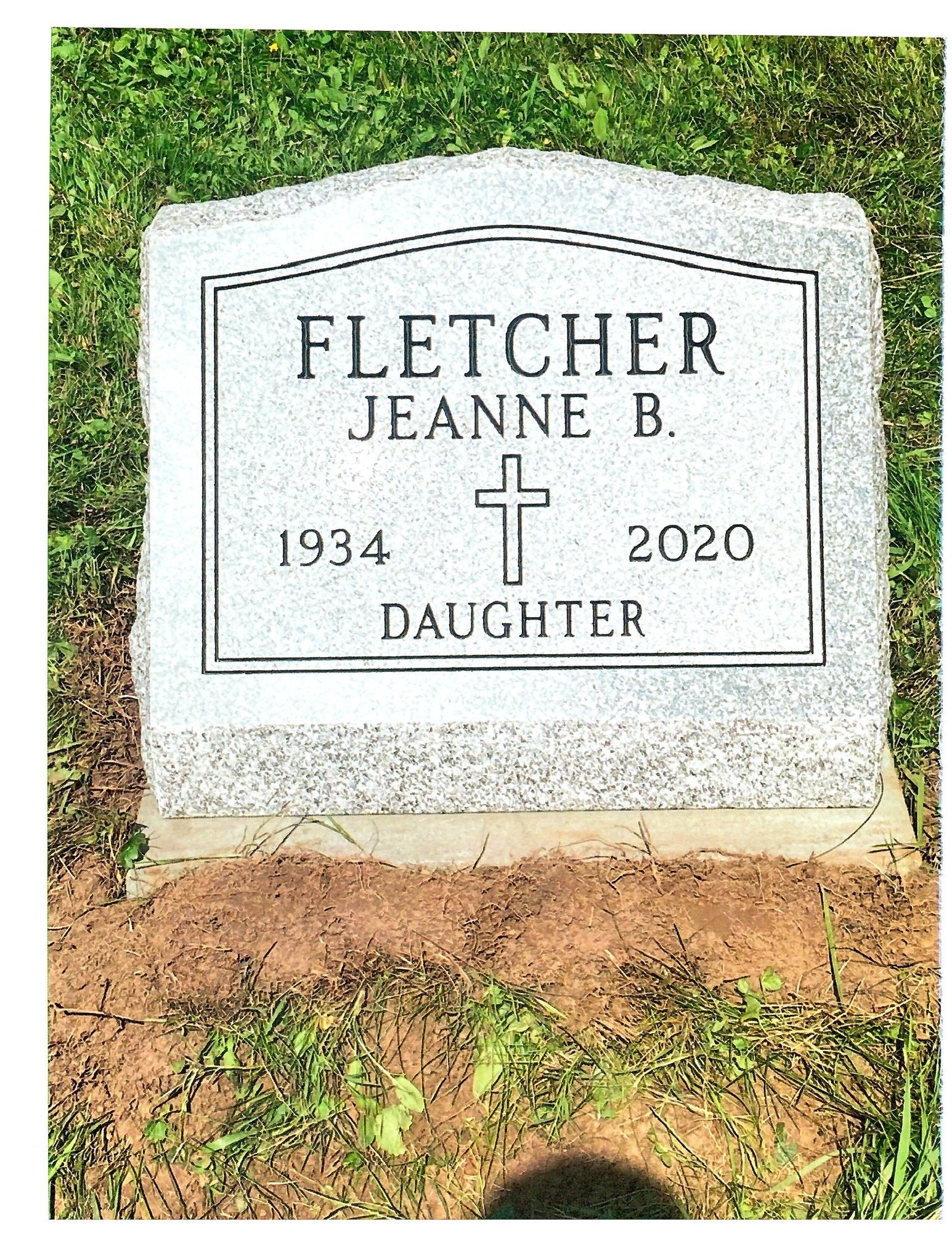 Headstone for Jeanne B. Fletcher, 1934-2020, marked 