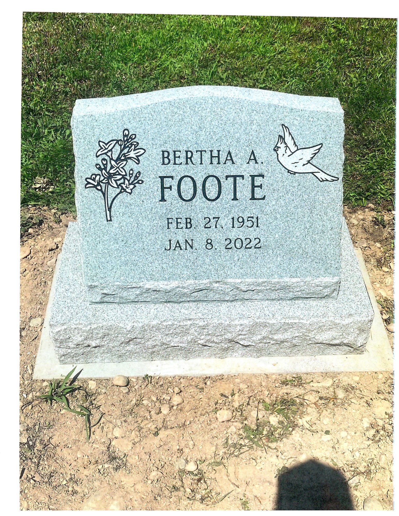 Headstone for Bertha A. Foote, born Feb 27, 1951, died Jan 8, 2002. Features a tree and dove.