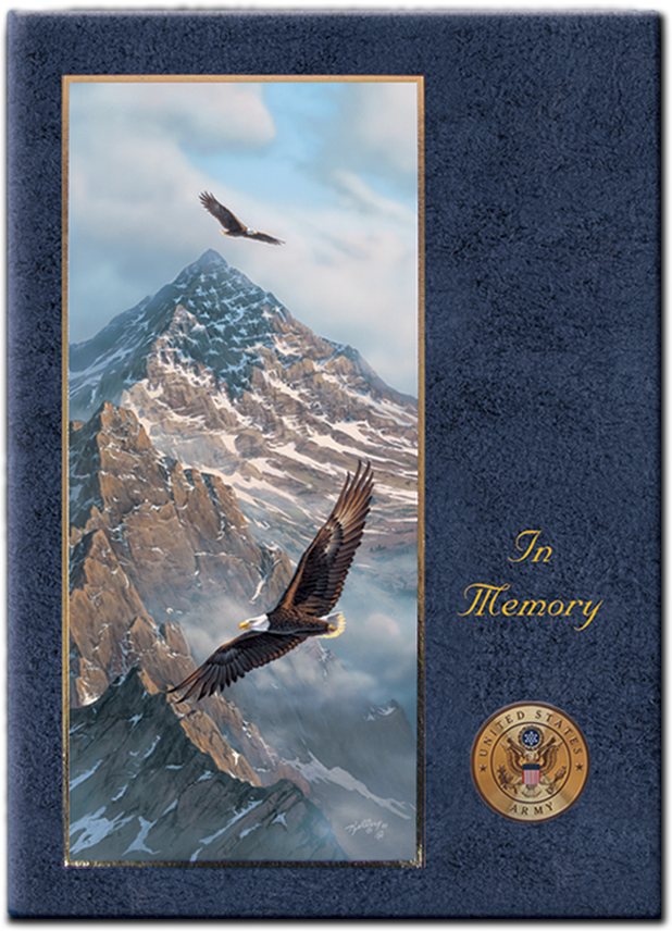 A memorial card. Two eagles fly over a snowy mountain range. 