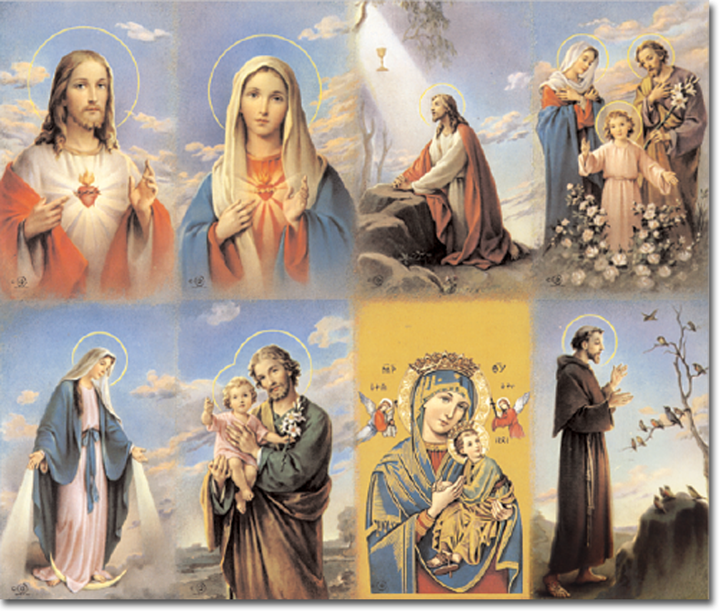 Collage of religious figures: Jesus, Mary, Joseph, and others. Various poses, settings, and styles; predominantly pastel colors.