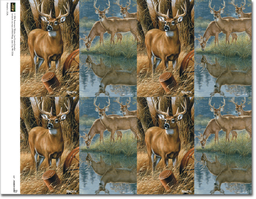 Eight fabric squares with deer near water, reflection, brown, blue, green, trees.