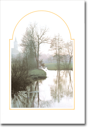 River landscape with bare trees, reflections, and a church in the background, within a golden arched frame.