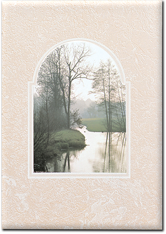River flowing through a misty landscape, framed in an arched window. Bare trees, soft colors, and serene setting.