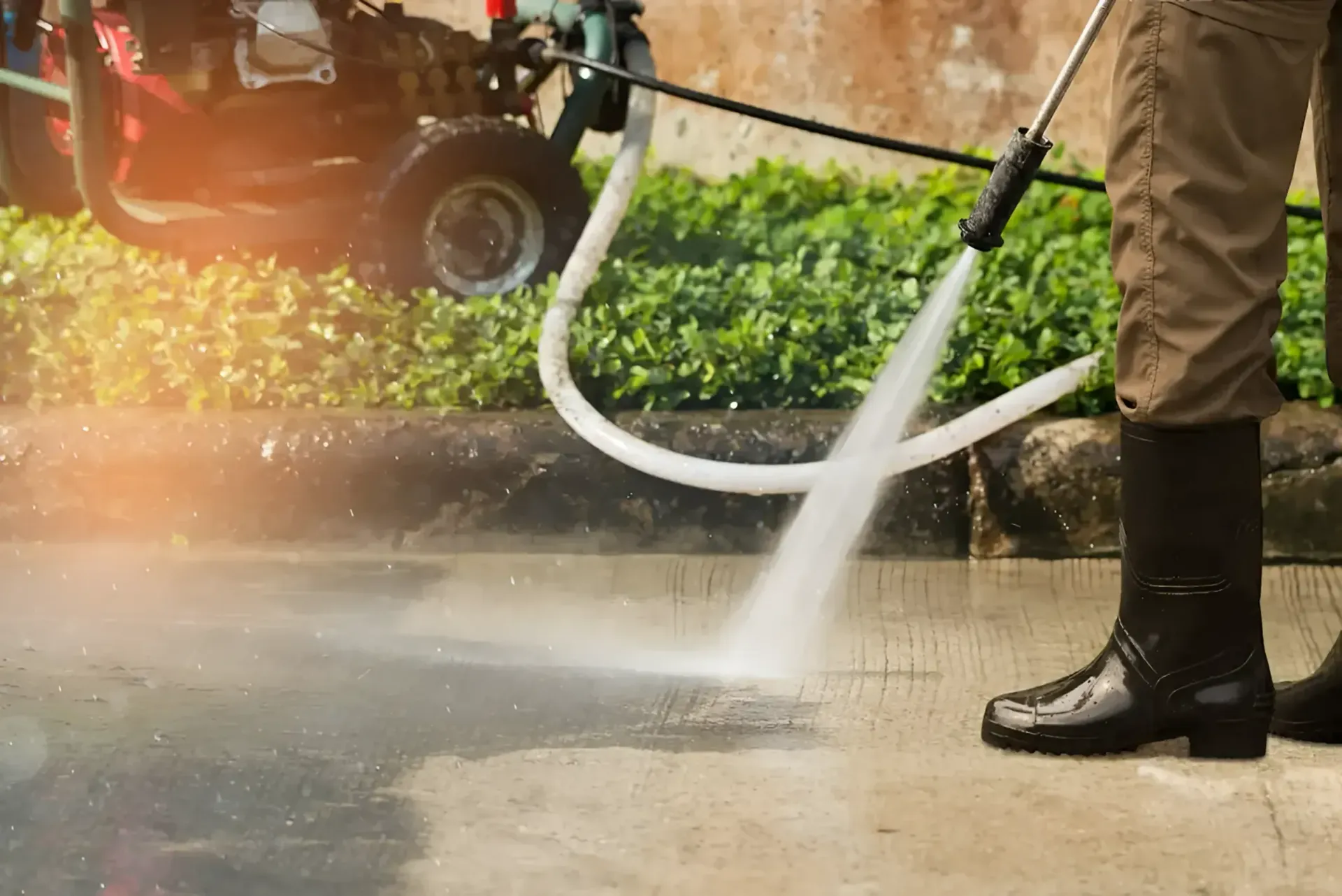A Person Uses a Pressure Washer to Clean a Concrete Surface Outdoors — A1 Roof Cleaning In Kepnock, QLD