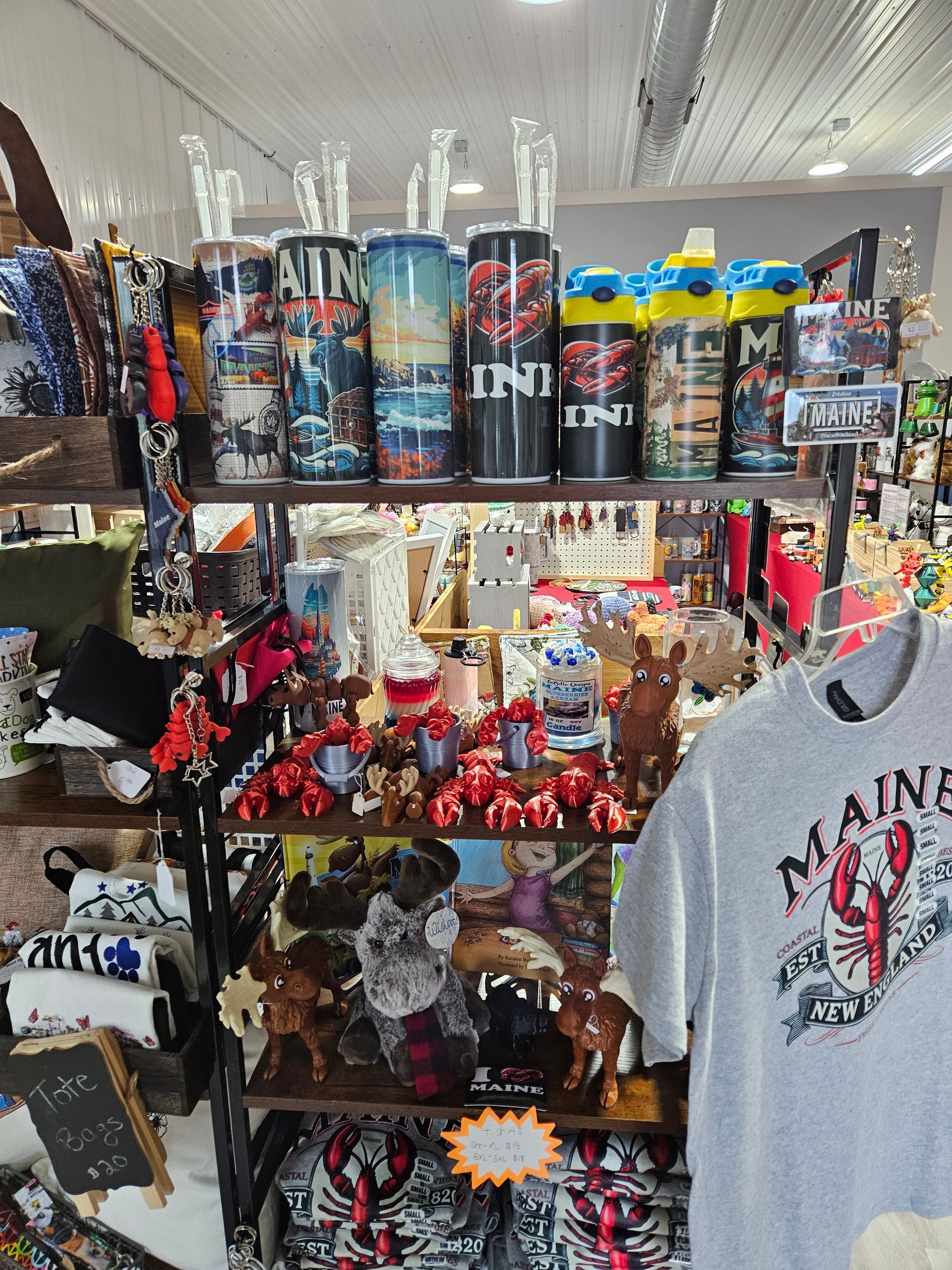 A t-shirt with maine on it is hanging on a shelf in a store.
