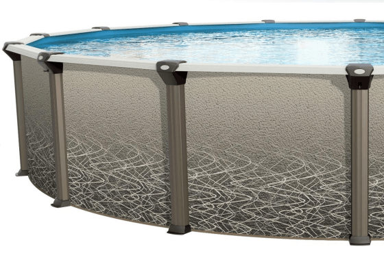 Une piscine ronde avec de l eau bleue et un cadre gris