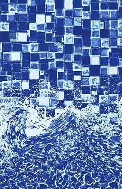 Un mur carrelé bleu et blanc avec une vague entrant